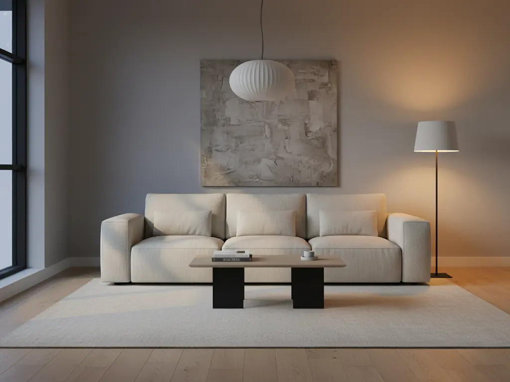 Minimalist living room re-lit for a warm evening, with a lit floor lamp and pendant glow over a cream sofa and pale oak flooring.