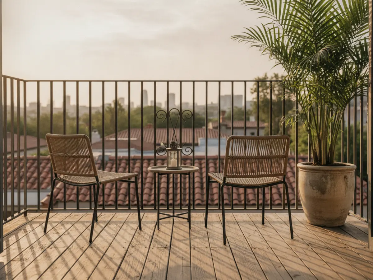 Small Airbnb balcony styled with two chairs and a plant