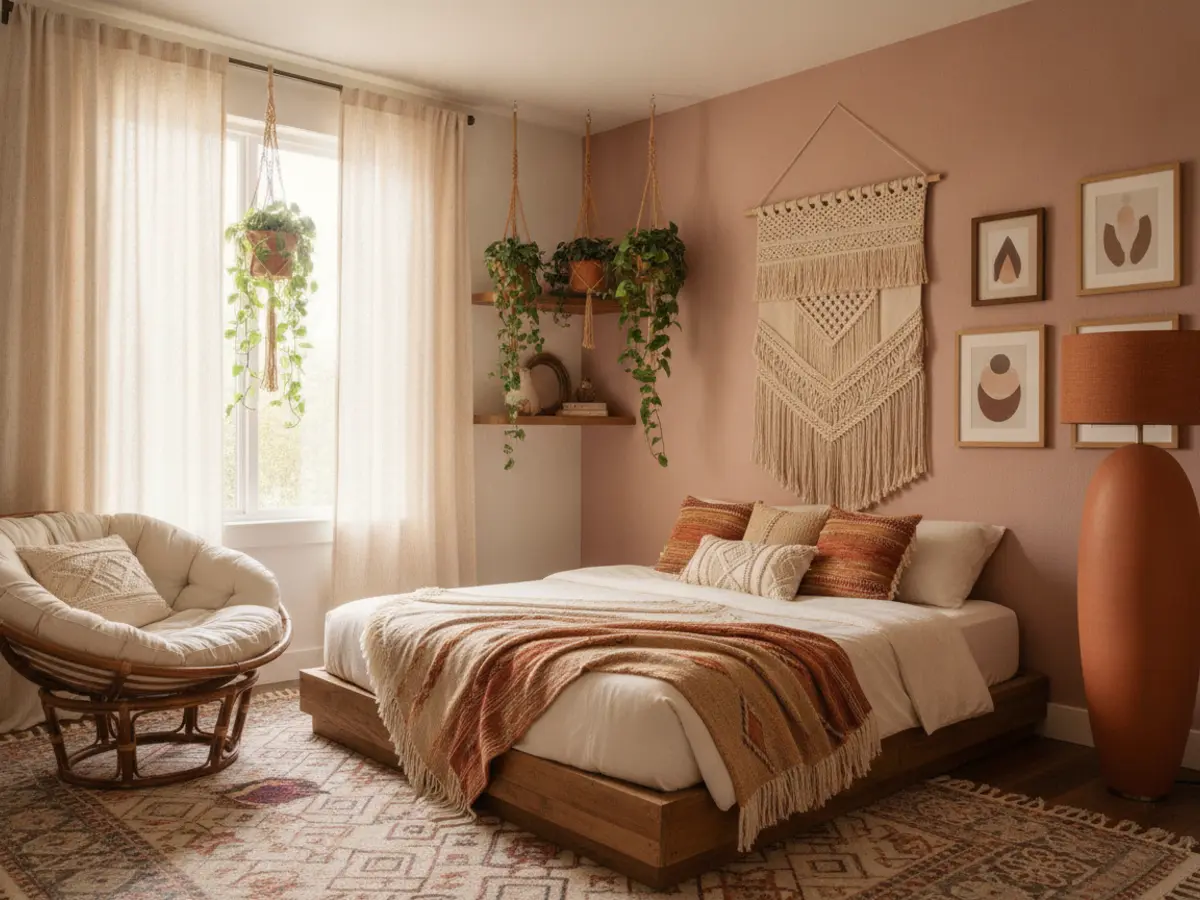 Airbnb bedroom restyled with layered boho texture and plants