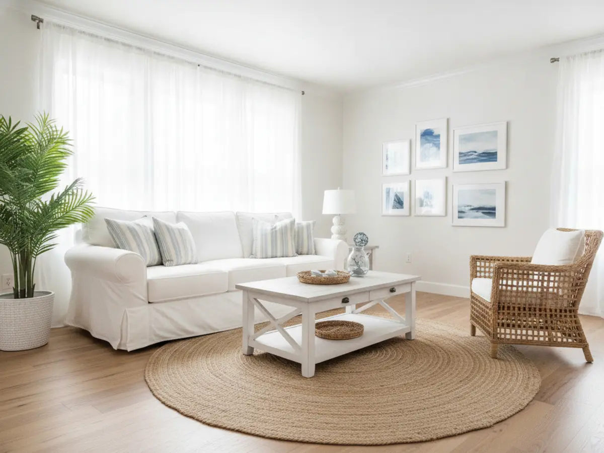 Airbnb room restyled in a warm coastal style