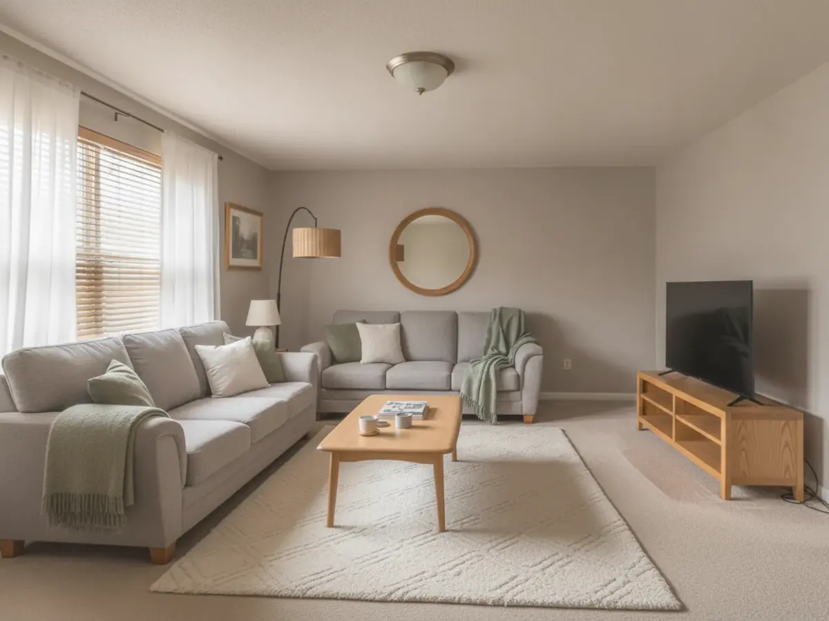 Same rental living room restyled into a bright, booking-ready look
