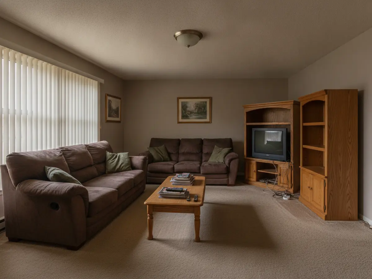 Tired short-term rental living room before an AI restyle