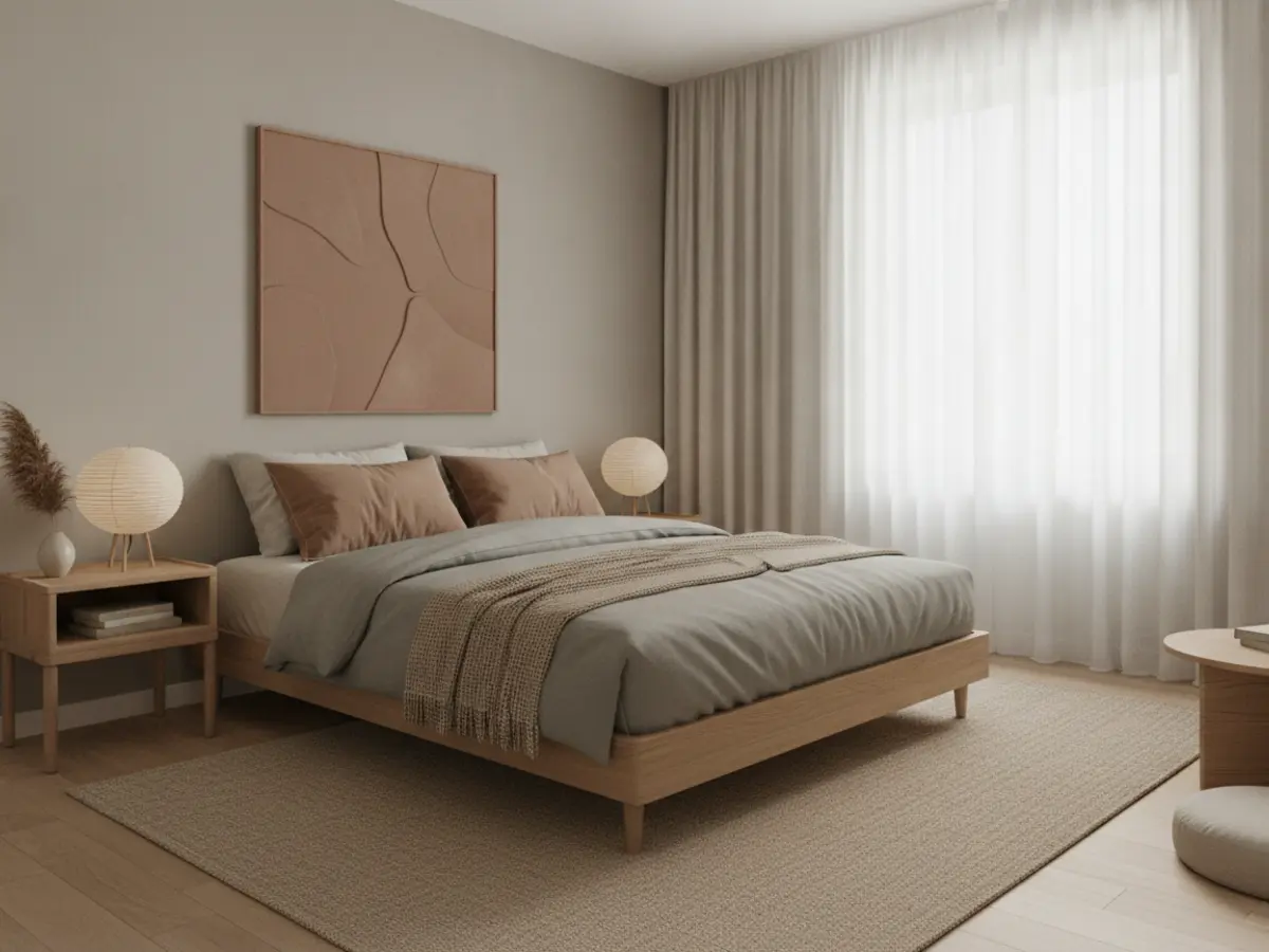 Airbnb bedroom restyled in a calm Japandi style