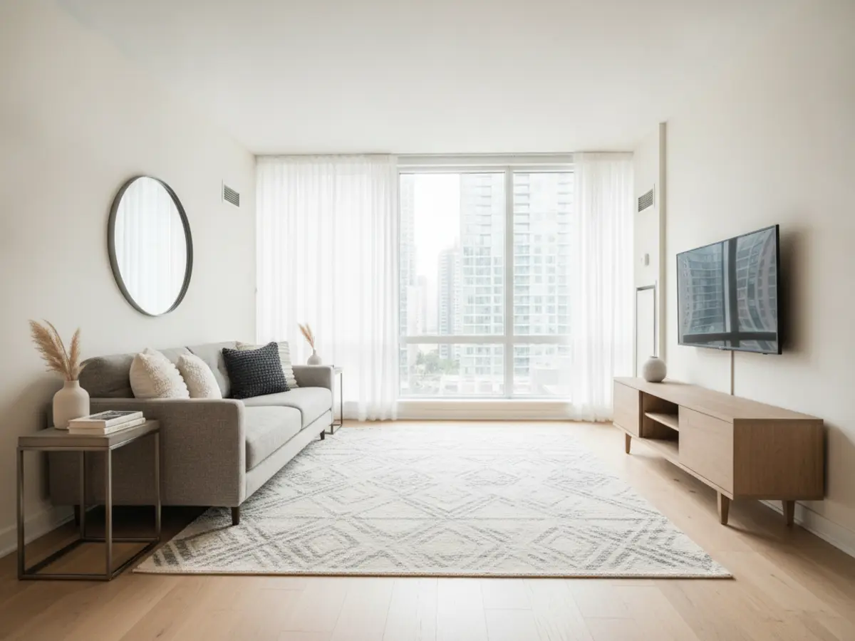 Airbnb living room restyled in a clean modern style