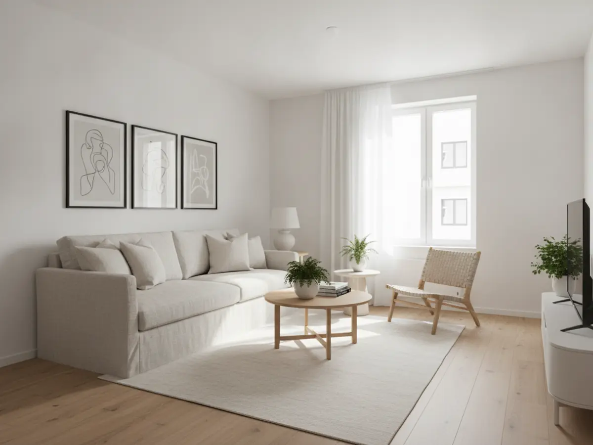Airbnb living room restyled in a bright Scandinavian look
