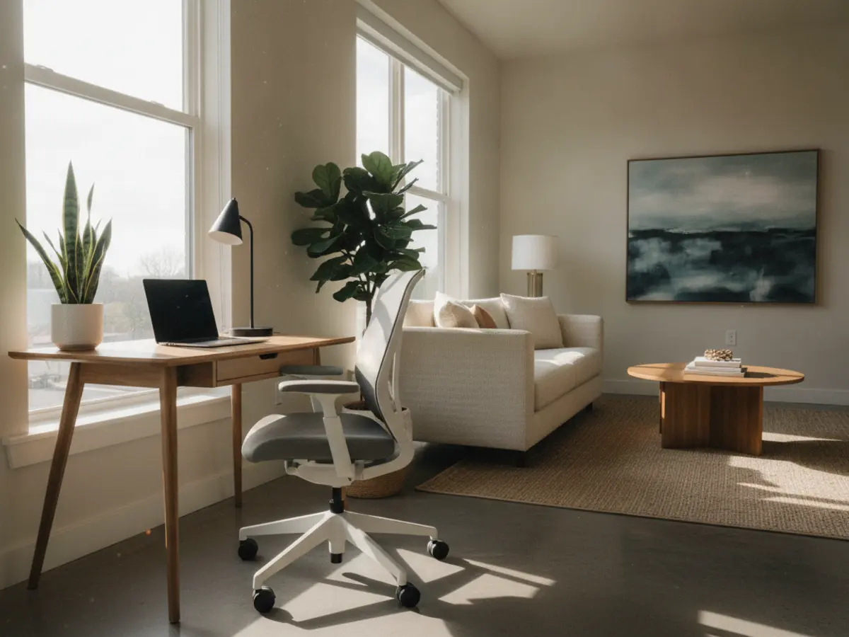 Airbnb desk nook styled beside a window for remote workers