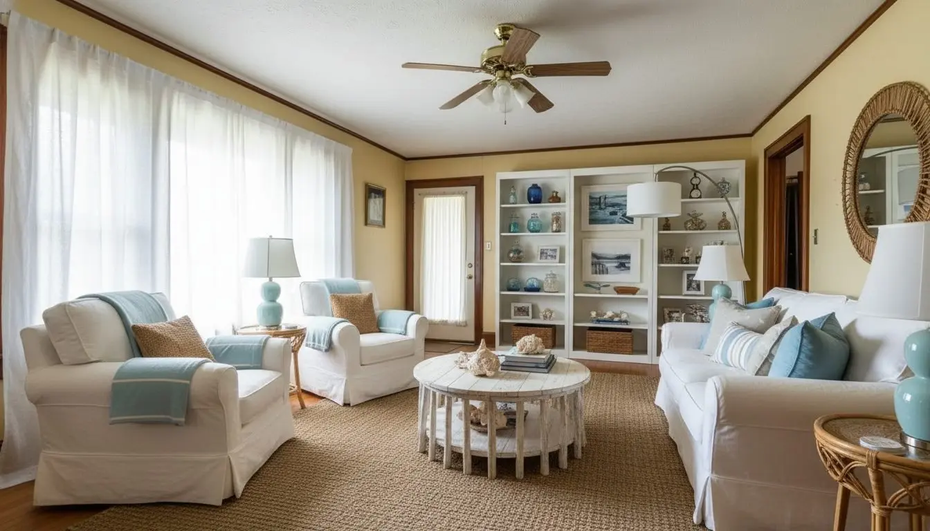 Living room after AI redesign in Coastal style