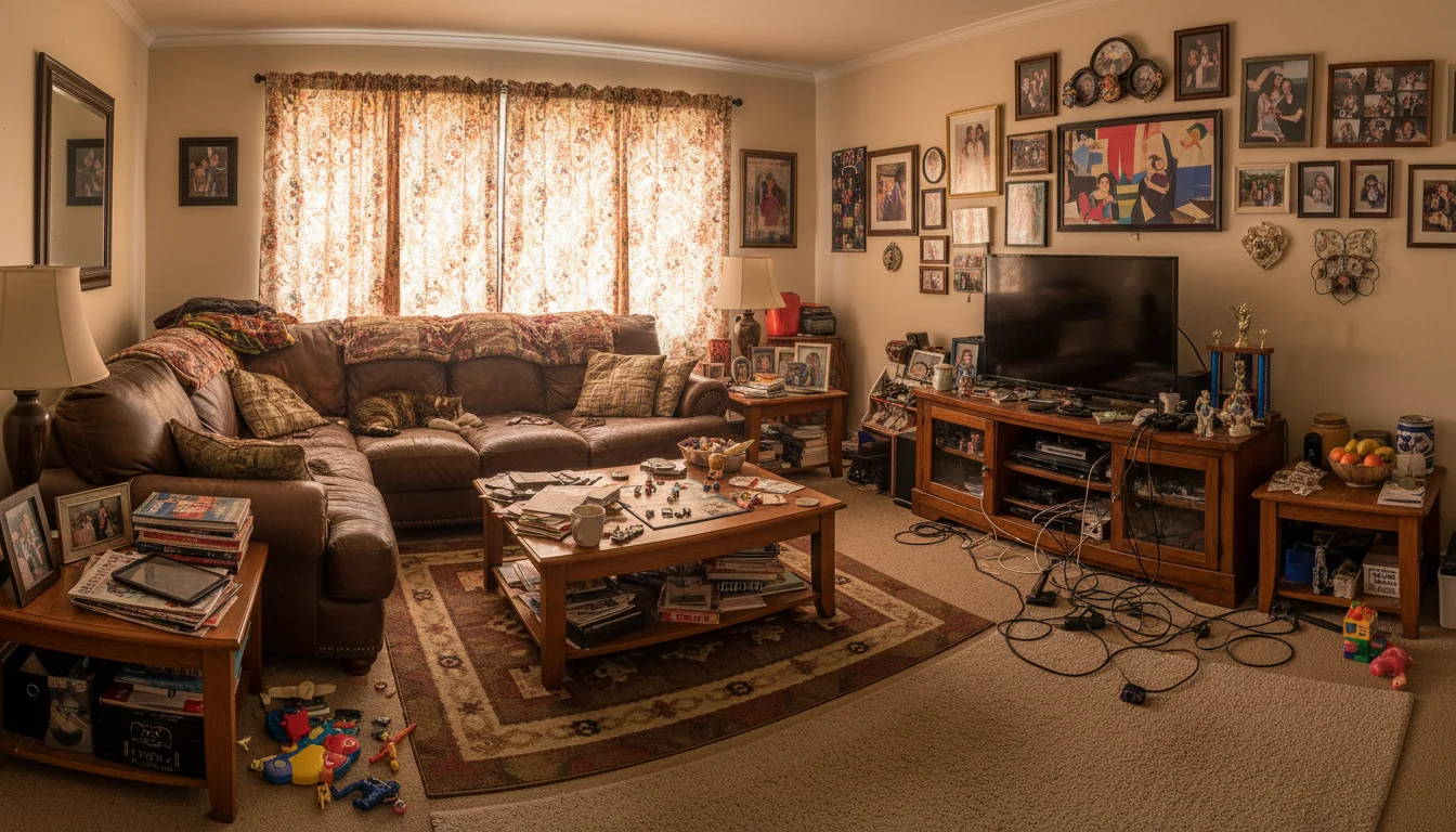 Cluttered room before AI declutter for staging