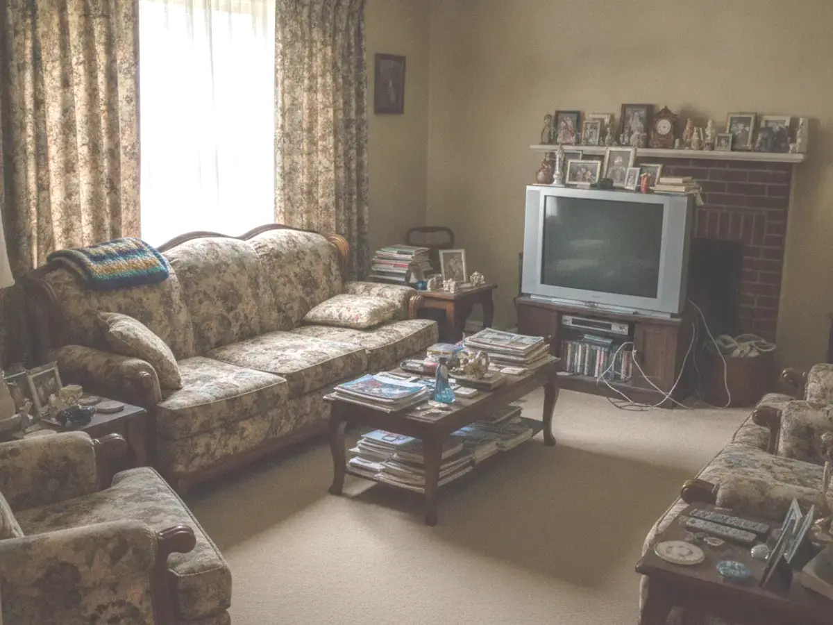 Dated cluttered occupied living room before any pre-listing work