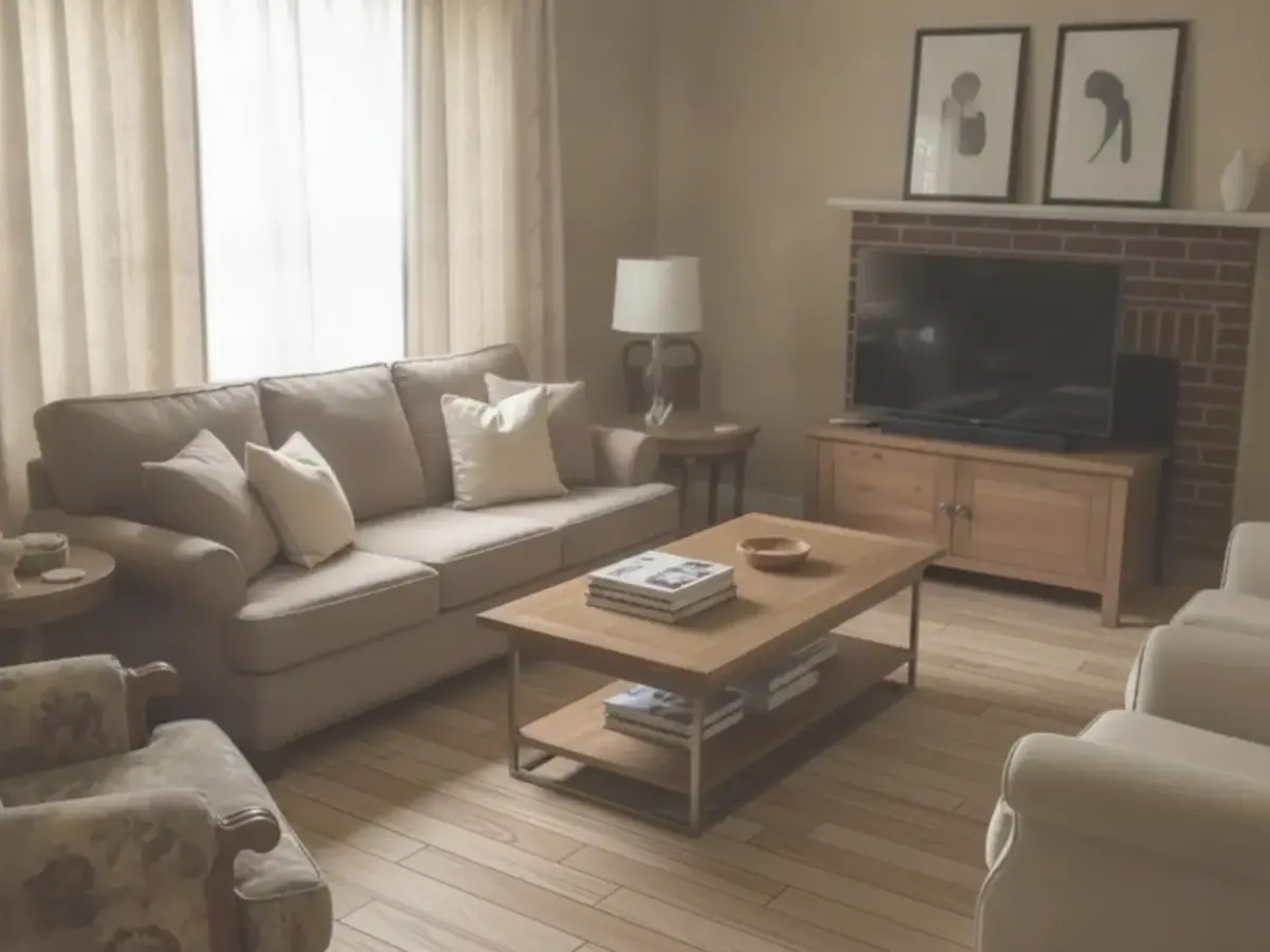 The same living room with the carpet replaced by oak flooring