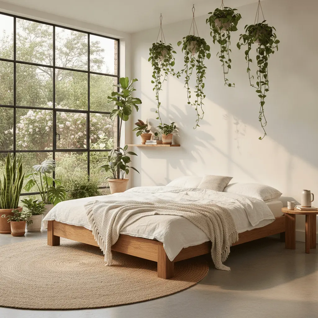 Biophilic bedroom wide room lush morning light