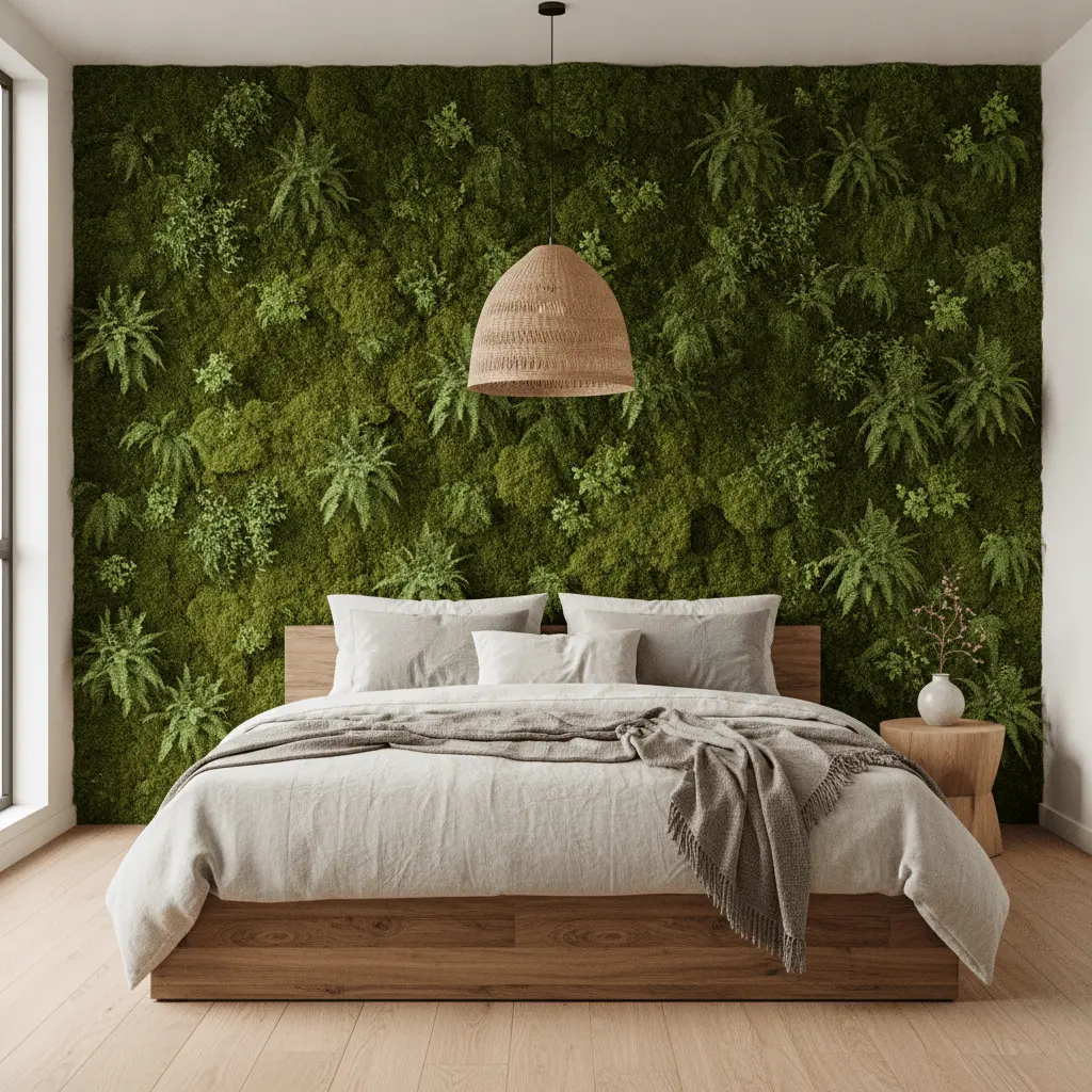 Biophilic bedroom living green wall behind bed