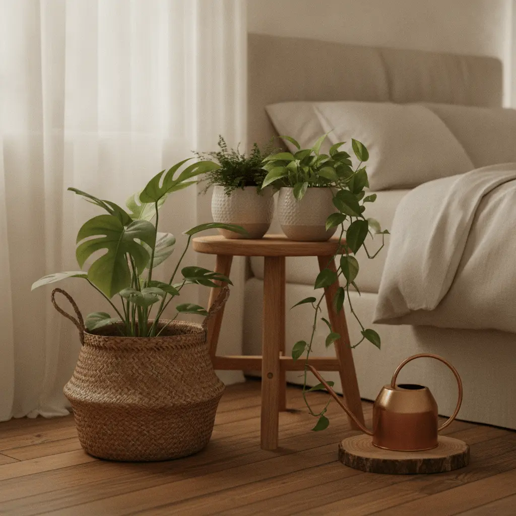 Biophilic bedroom plant corner detail