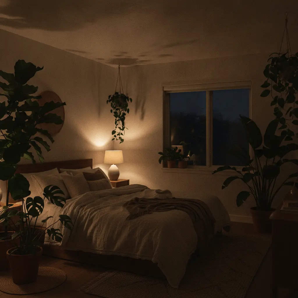 Biophilic bedroom evening soft warm light