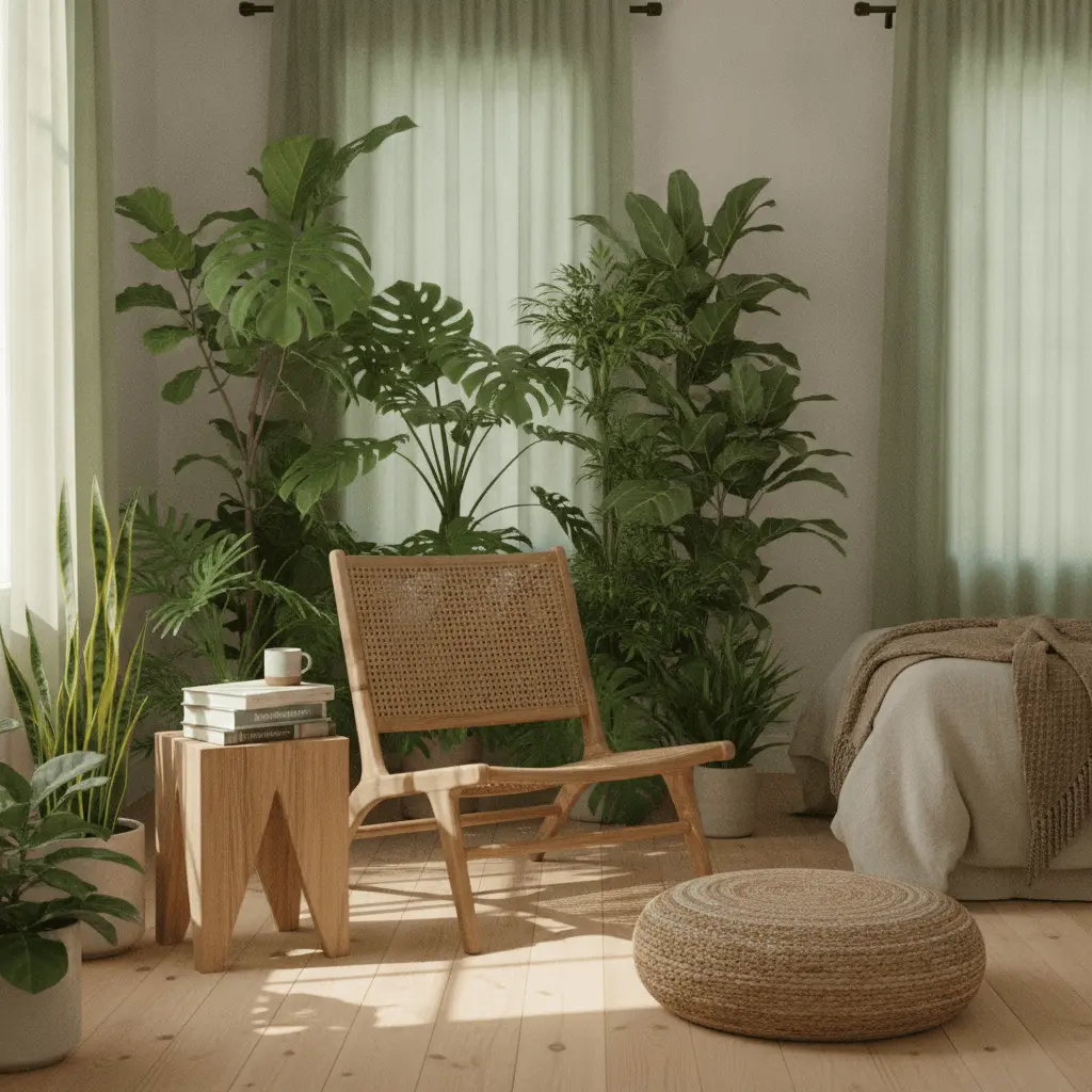 Biophilic bedroom reading nook among plants