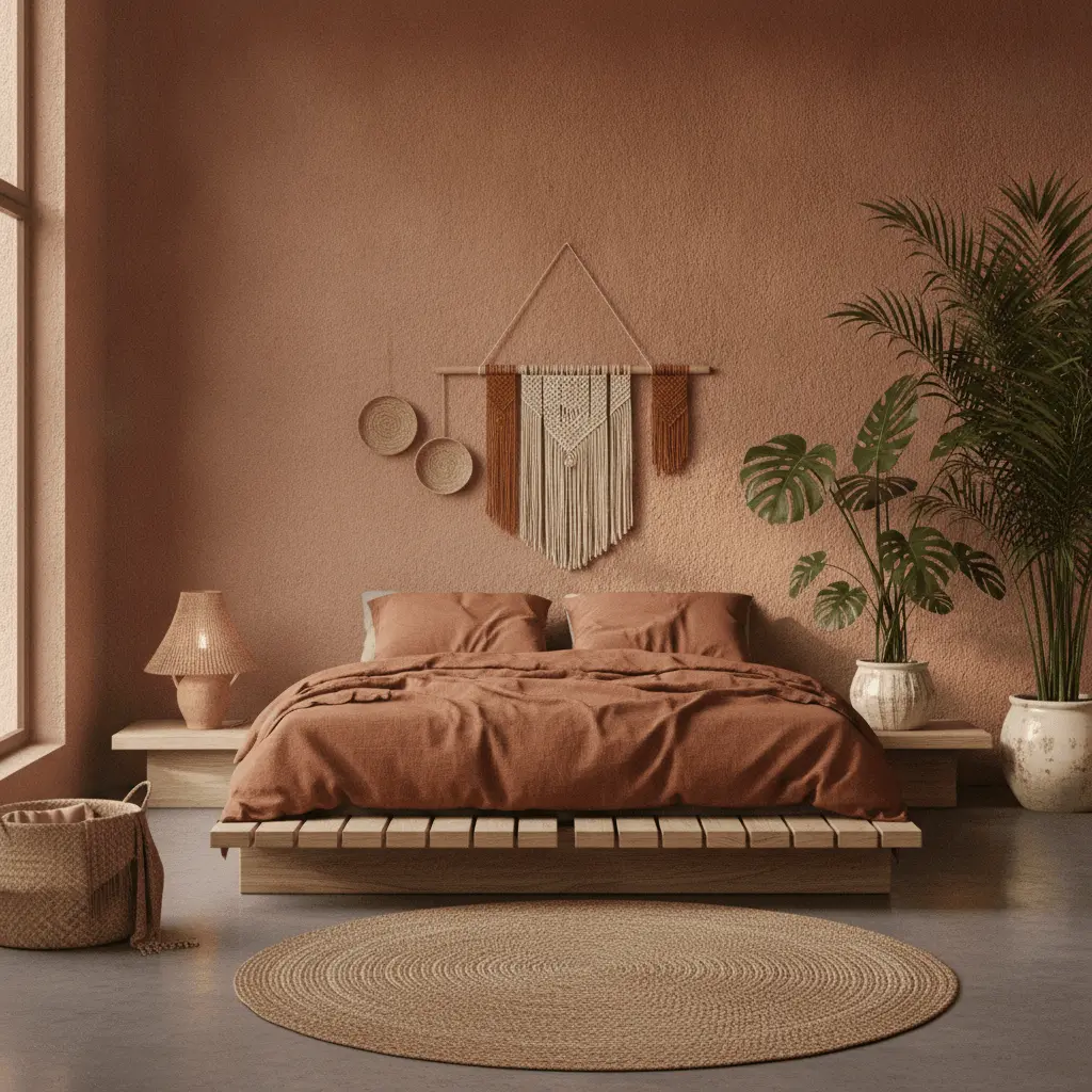 Biophilic bedroom warm terracotta earth palette