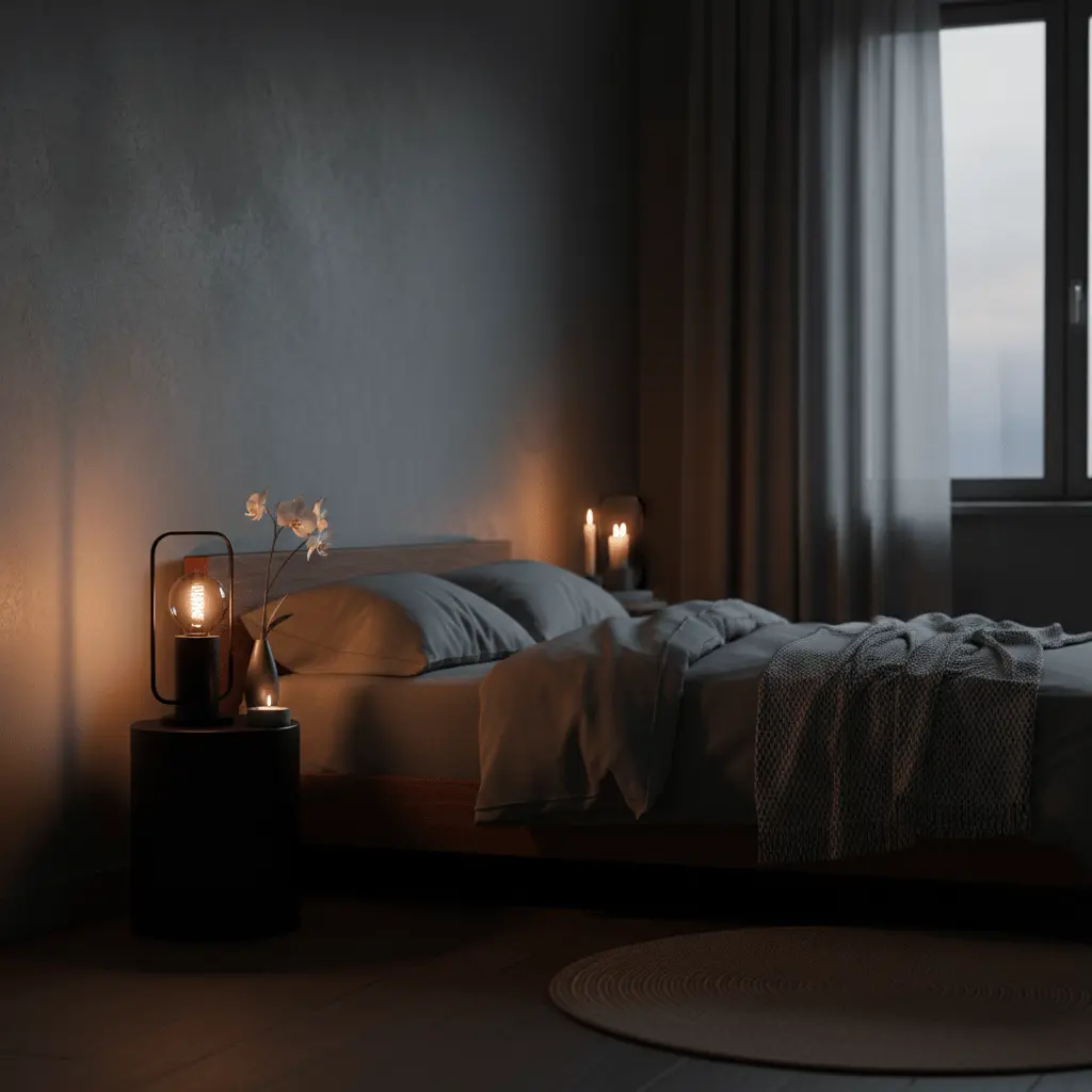 Japandi bedroom with dark charcoal palette