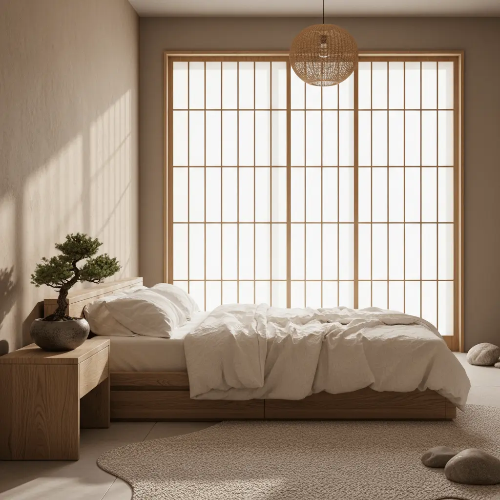 Japandi bedroom with wide room, morning light