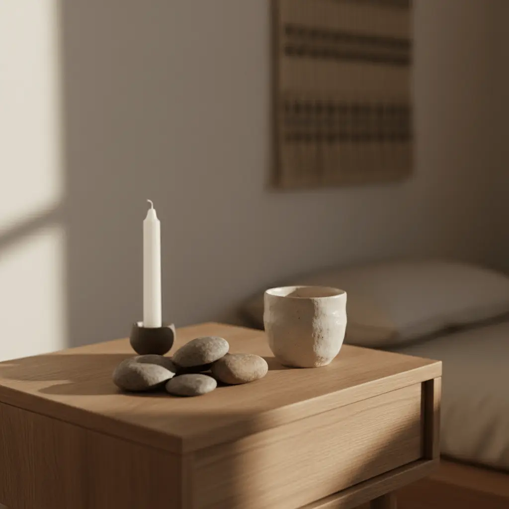 Japandi bedroom with nightstand detail vignette