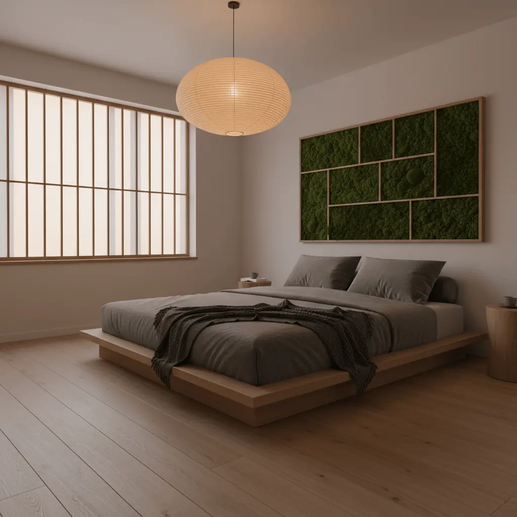 Japandi bedroom with wide room, evening mood