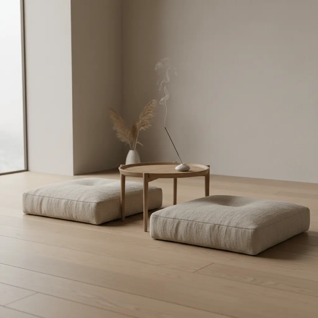 Japandi bedroom with low floor seating nook