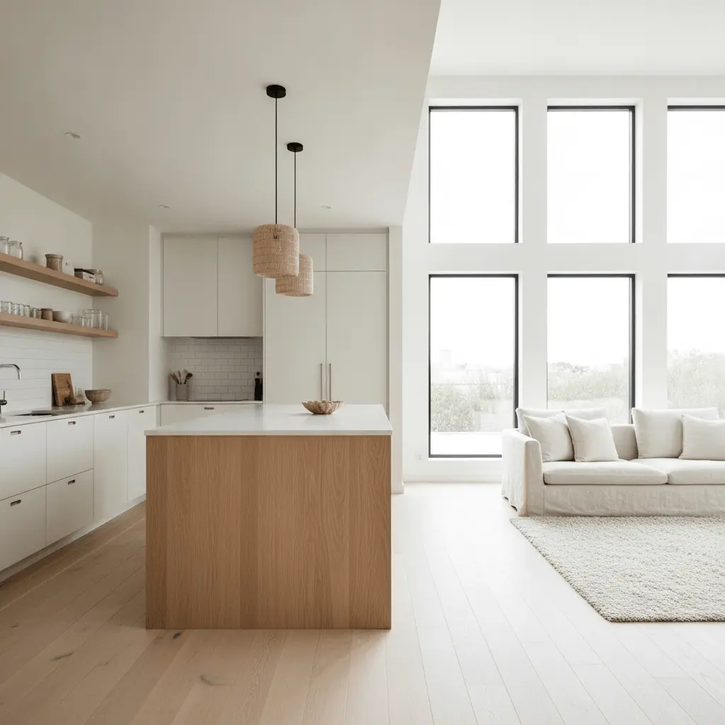 Scandinavian kitchen open plan to living