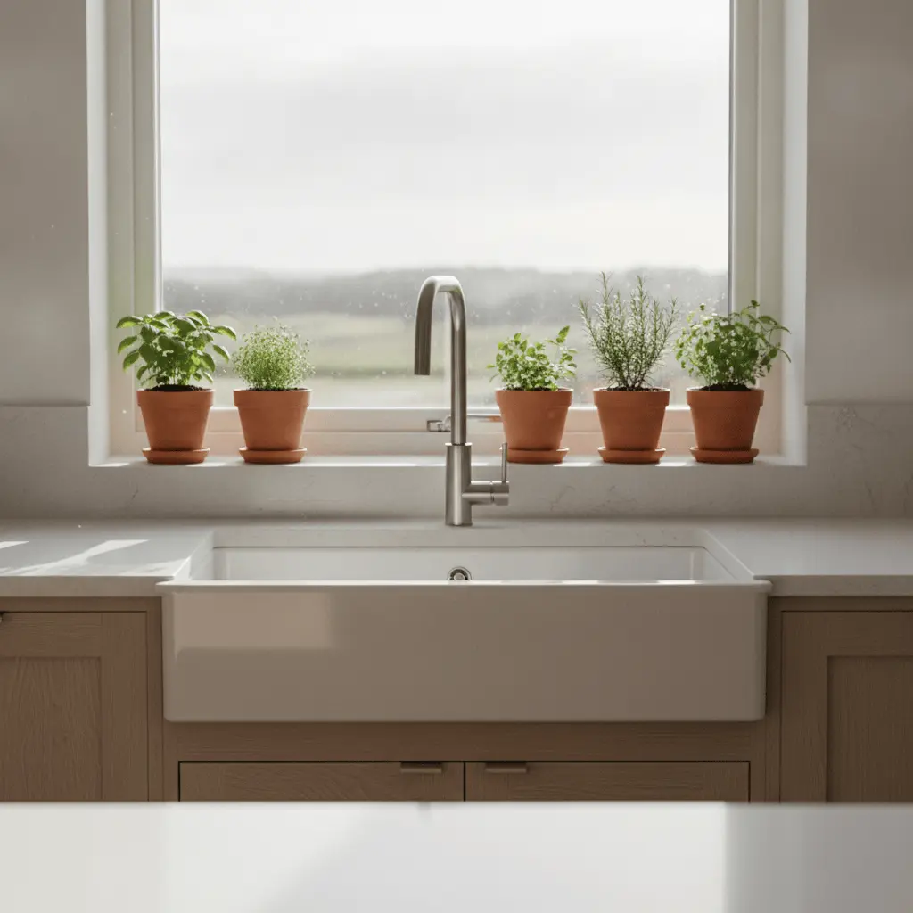 Scandinavian kitchen window sink herbs