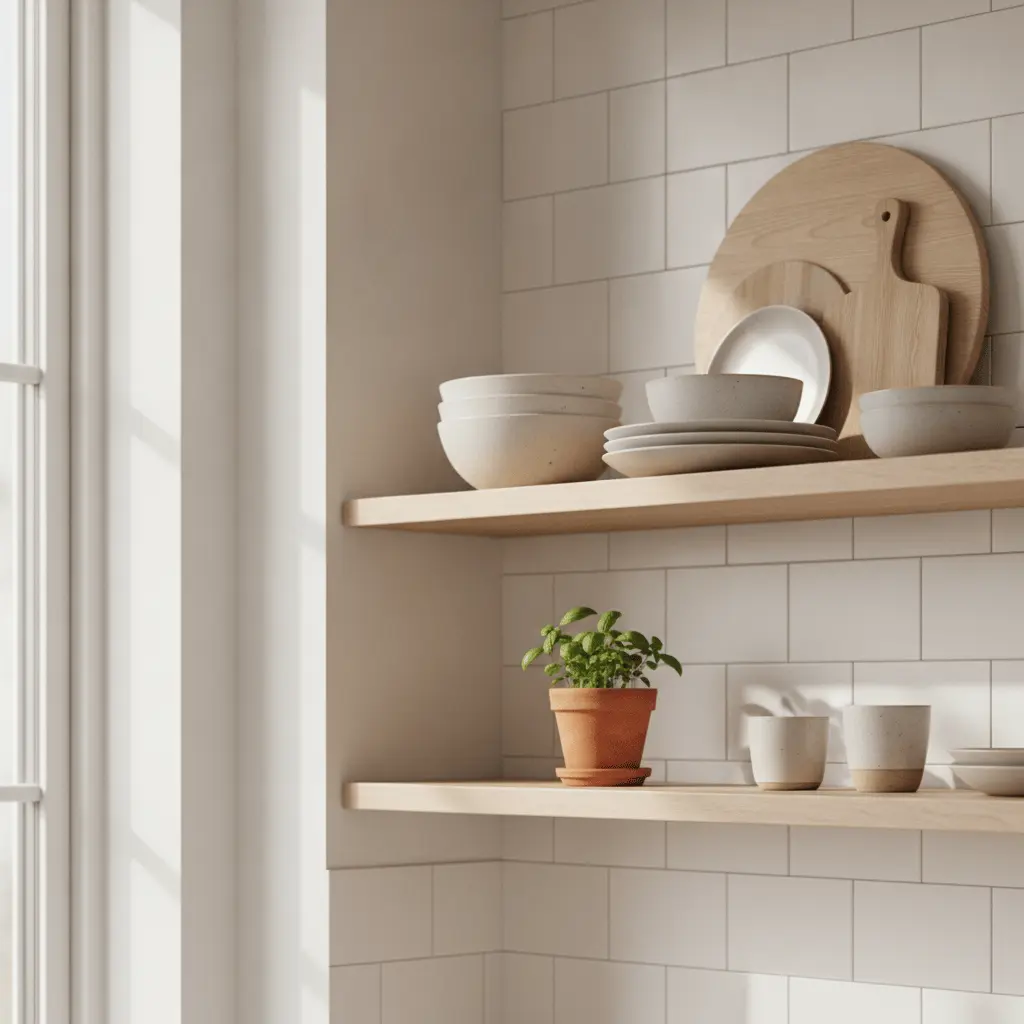 Scandinavian kitchen open shelving ceramics