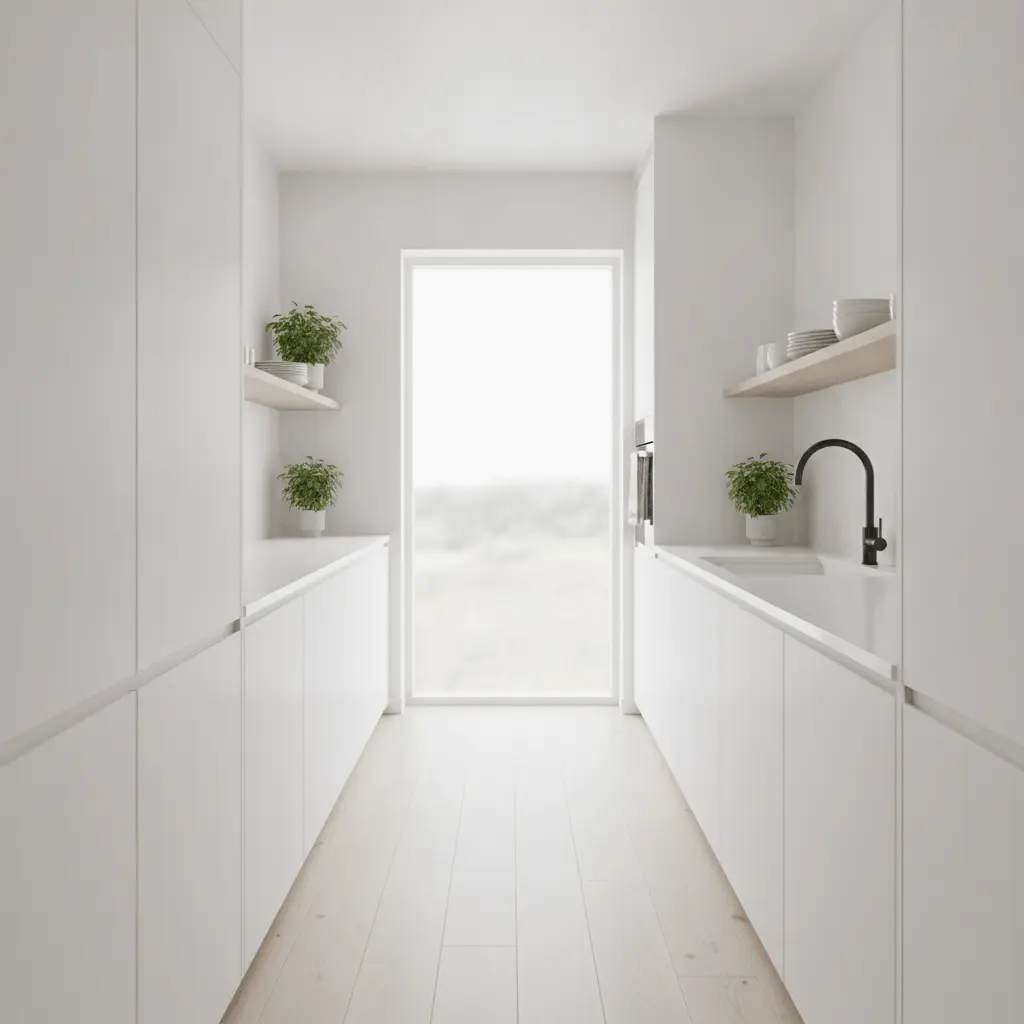 Scandinavian kitchen galley handleless white