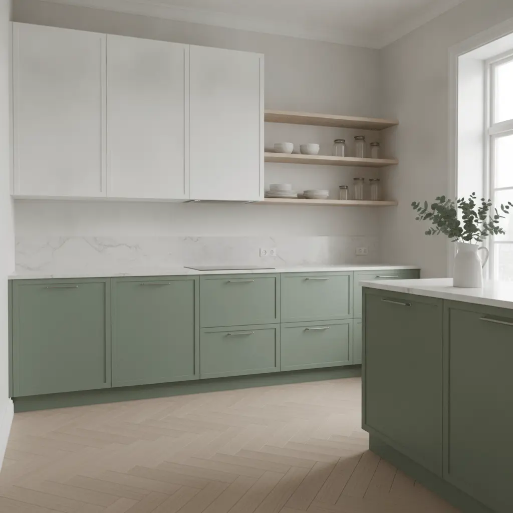 Scandinavian kitchen wide room two tone sage