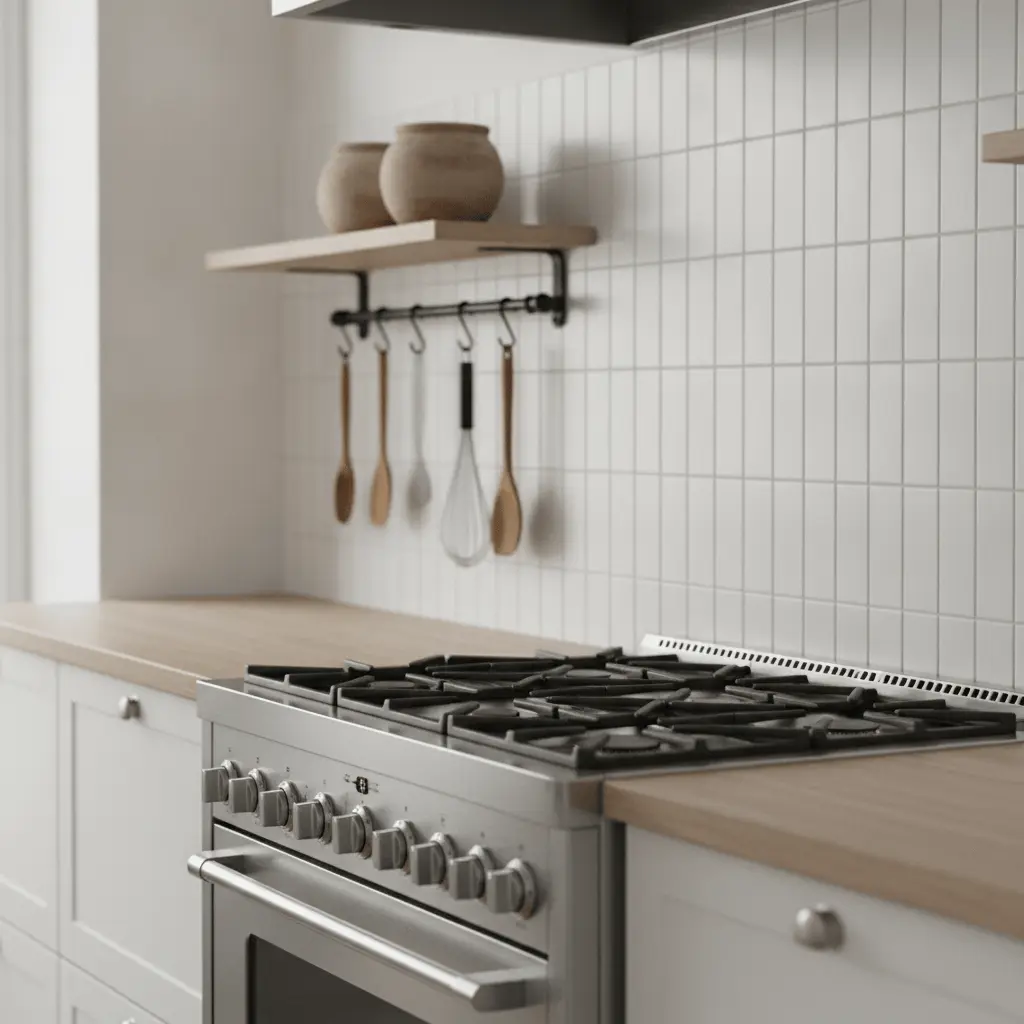 Scandinavian kitchen range backsplash detail