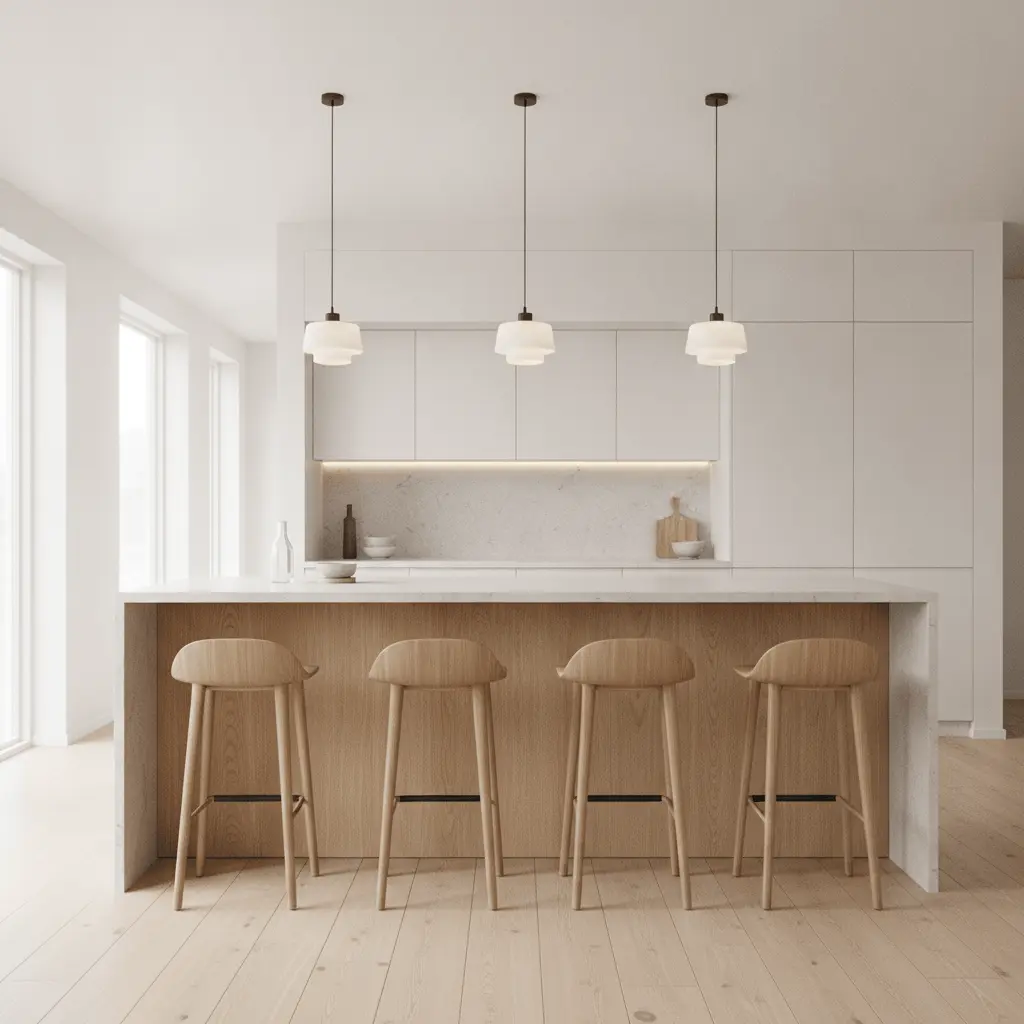 Scandinavian kitchen island with bar stools