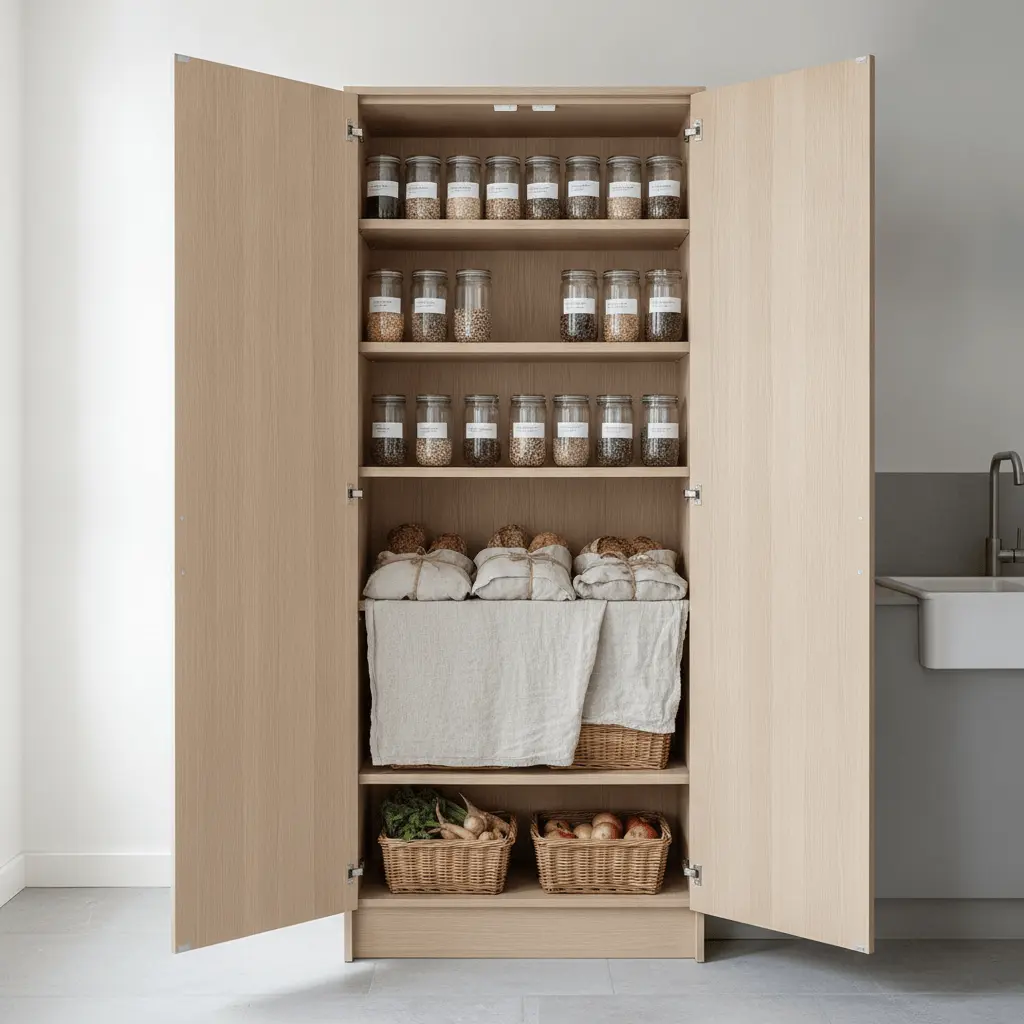 Scandinavian kitchen larder cabinet open