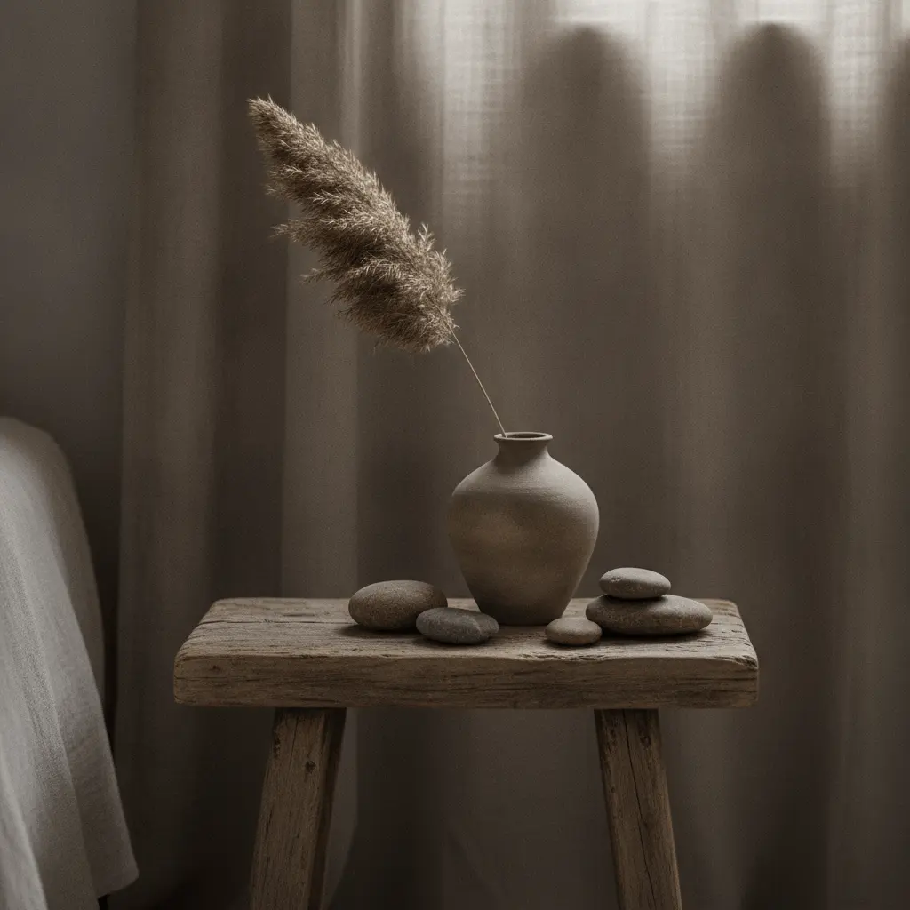Wabi sabi bedroom ceramic and stone vignette