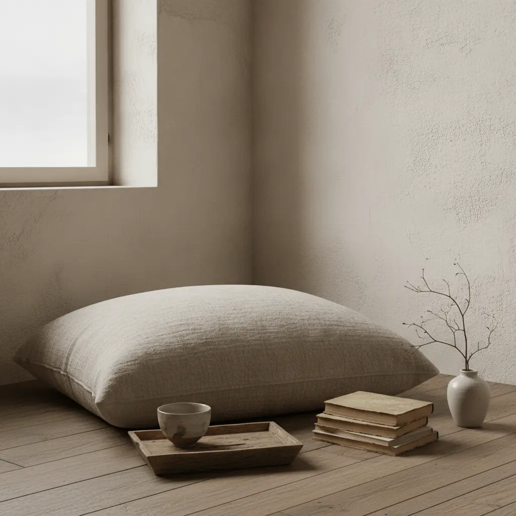Wabi sabi bedroom floor seating reading corner