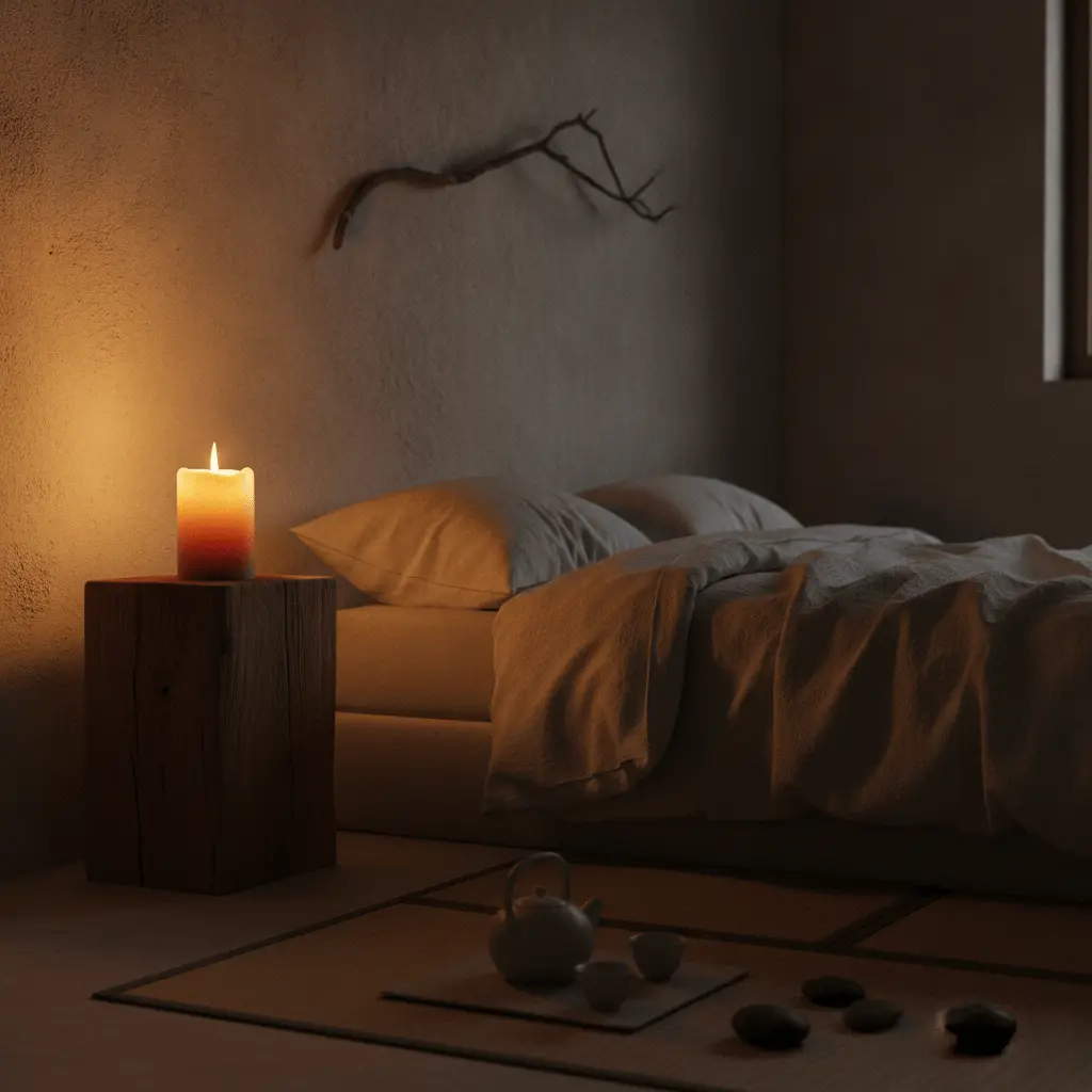 Wabi sabi bedroom evening candle glow