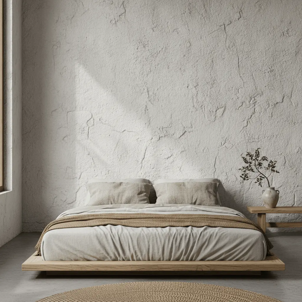 Wabi sabi bedroom low bed and textured plaster wall